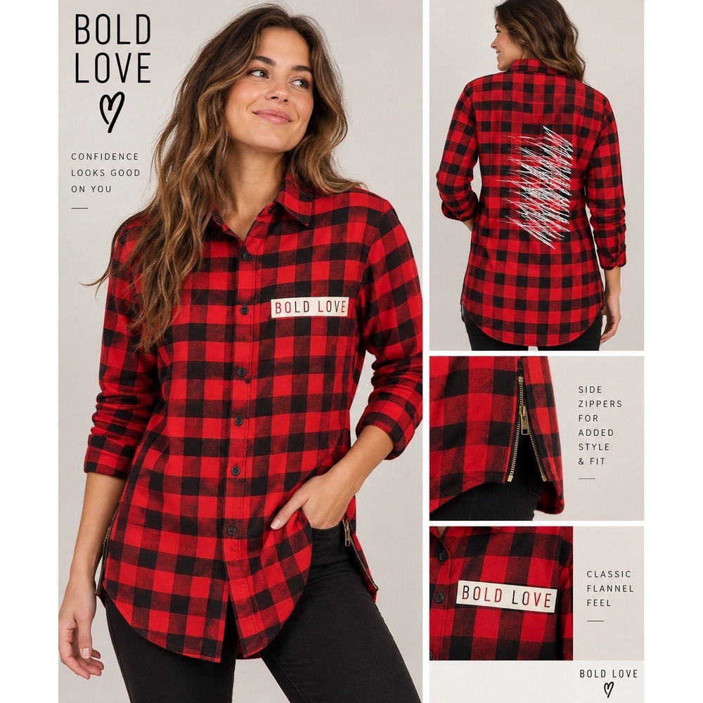 Bold Love Women's M Buffalo Plaid Flannel Shirt Red Black Side Zip Christian